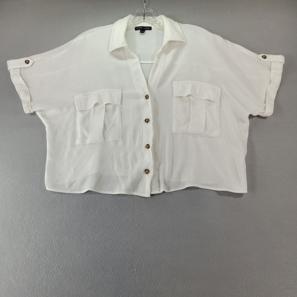 Moa Moa Button Up Top Utility Cropped Short Sleeve White Textured Large